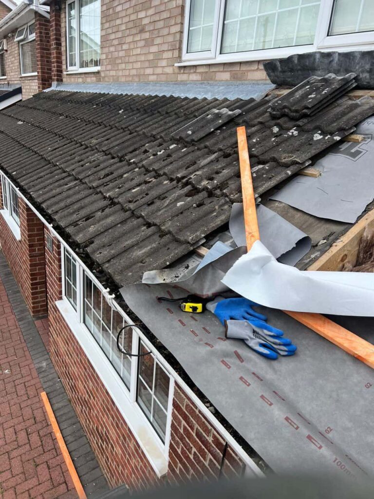 This is a photo of a pitched roof which is being repaired. The existing roof was leaking badly. Works carried out by LJ Roofing Freshbrook